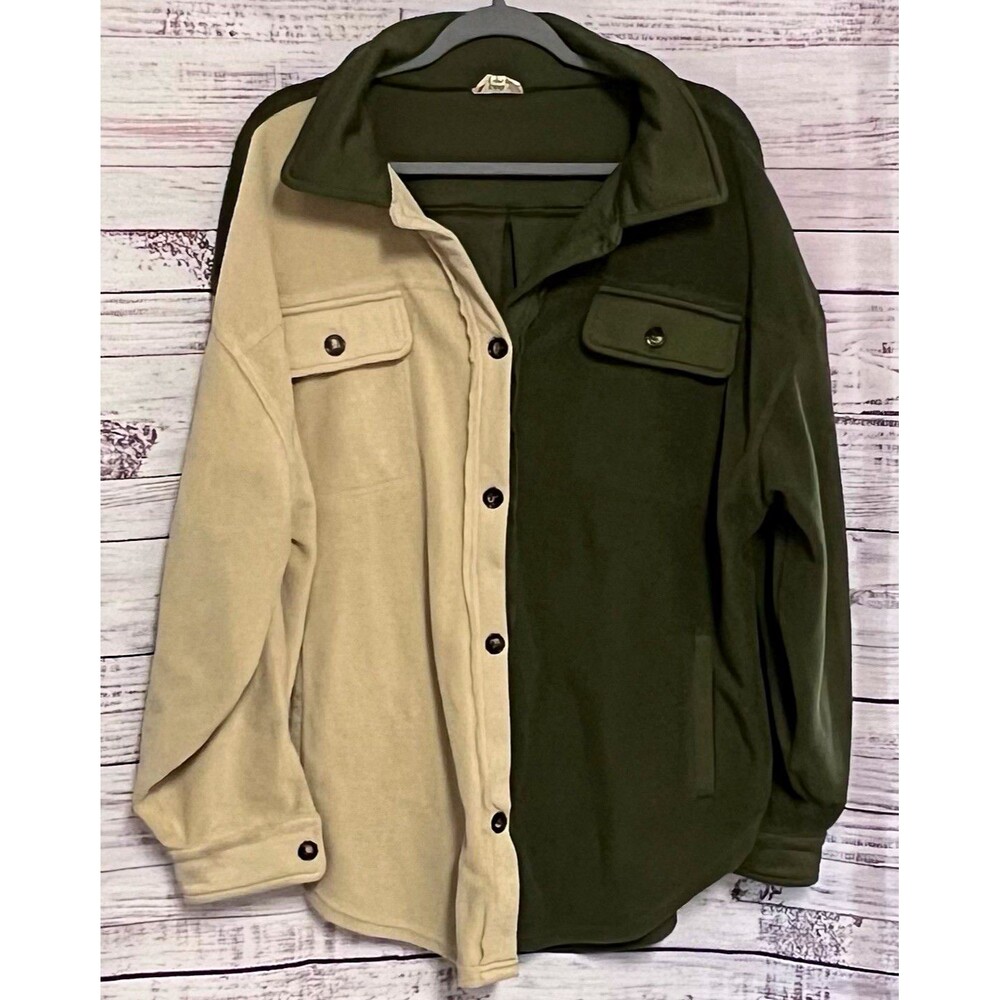 BIBI Olive Green Cream Colorblock Button-Down Shirt XL